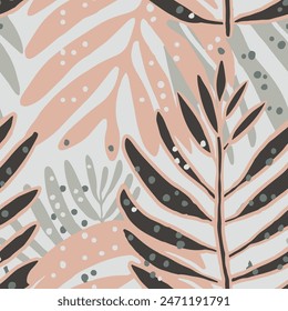 Khaki wiederholte elegante künstlerische Gartendekor-Muster. Dark Camouflage Creative Simple Foliage Element Vektorgrafik. Weiße nahtlose exotische Dschungel hinterlässt Textur.