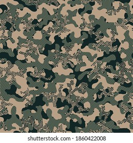 Nubes gráficas de Camo sin Marea en Khaki. Acondicionamiento gráfico a color repetido de otoño. Impresión de vectores creativos sin foco marrón. Camuflaje Forestal De Camuflaje Oleado Camuflaje Patrón De Seamless. Verde