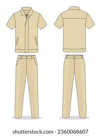 Khaki technician workshop uniform template on white background.Front and back view, vector file