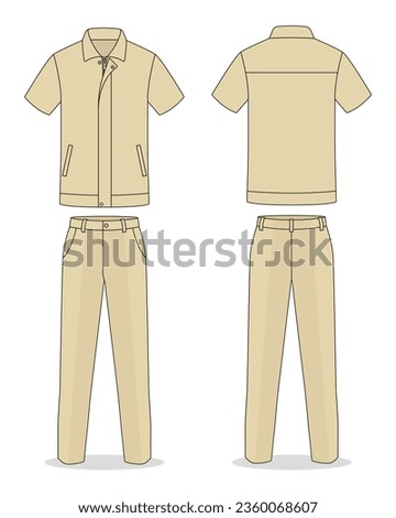 Khaki technician workshop uniform template on white background.Front and back view, vector file