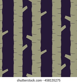 Khaki tree stem silhouettes seamless vector pattern. Scandinavian style forest trees with boughs blue and grey background.