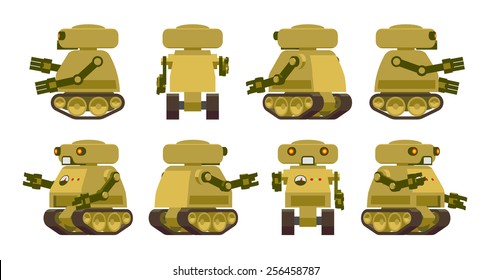 Khaki-coloured military robot. Objects are isolated against white background and shown from different sides