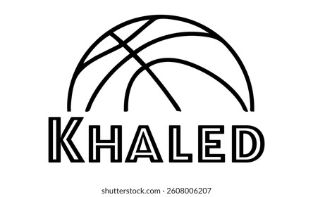 Khaled  - first name written in sport style and stylized basketball sketch; black color; vector graphics for banners, cards, sweatshirts, prints, cricut, silhouette, sublimation