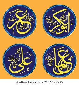 Khalifa Rashdeen Abu baker, Umer, Usman and ali ra yellow color background. Translation *The four Khulafa of the Holy Prophet, peace and blessings be upon him*.