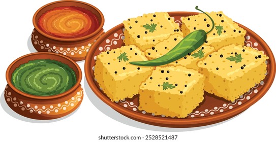 Khaman Dhokla con chutneys verdes y rojos en ollas y platos de barro. Decorado con judías mostaza, perejil y chile verde. Arte de comida callejera india Auténtica 