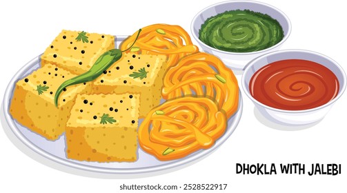 Khaman Dhokla y Jalebis en Placa con Chutneys Rojos y Verdes en Lado. Combo Populares de refrigerios callejeros indios 