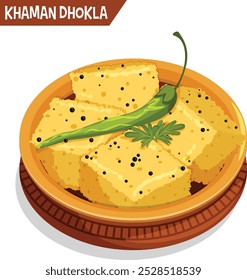 Khaman Dhokla en una olla de barro con frijoles mostaza, chile verde y perejil. Arte de comida callejera india 