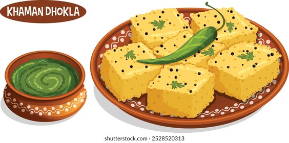 Khaman Dhokla en plato de barro con chutney verde en olla de barro adornado con frijoles mostaza, chile verde y perejil. Aperitivos tradicionales indios en la calle Gujarati 