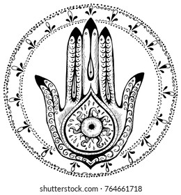 Khamsa. Hand of Fatima. Palm-shaped amulet. Vector freehand illustration