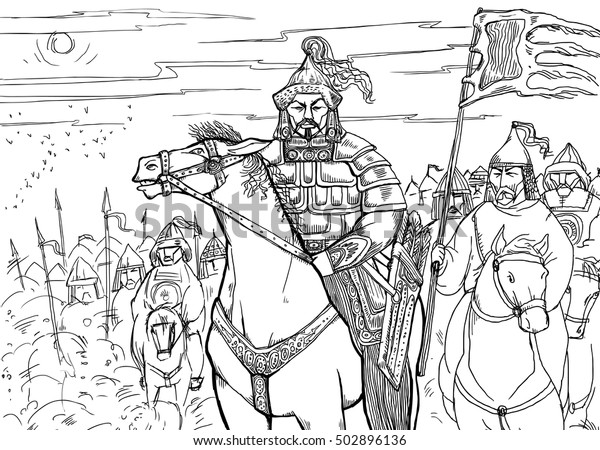 Khan Mongolian\
nomad on horseback and his\
horde