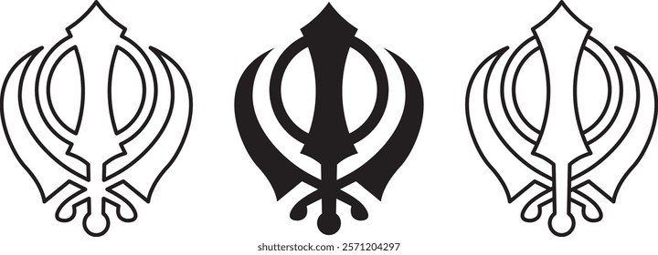 Khanda modern Sikh symbol. Sikhism emblem solid and outline vector illustration.	