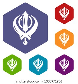 Khanda symbol sikhism religion icons vector colorful hexahedron set collection isolated on white