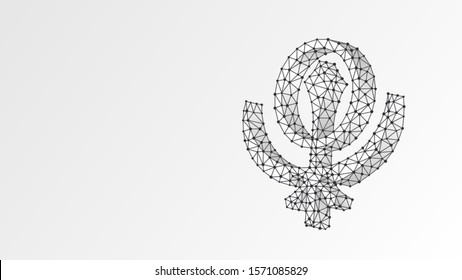 Khanda, three weapons and a circle icon. Abstract digital wireframe, low poly mesh, polygonal vector wite origami 3d illustration. Sikhism, monotheistic, Asia and America religion symbol. Line, dot