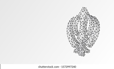 Khanda, three weapons and a circle icon. Abstract digital wireframe, low poly mesh, polygonal vector wite origami 3d illustration. Sikhism, monotheistic, Asia and America religion symbol. Line, dot