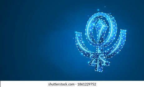Khanda, tres armas y un icono de círculo. Sijismo, monoteísta, símbolo de religión de Asia y América. Resumen de malla digital, malla baja de poli, ilustración 3d de neón azul vectorial poligonal. Línea, punto