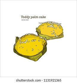 Khanom Tarn, Toddy Palm Cake Topped wih Coconut , hand draw sketch vector.