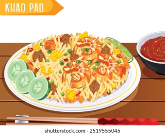 Khao Pad - Thai Fried Rice Plate on Wooden Surface with Red Chili Condiment and Chopsticks Isolated on White Background. Asian Cuisine Vector Illustration 