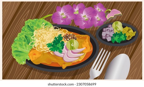 Khao soi is a coconut curry noodle soup hailing from Northern Thailand, Myanmar, and Laos. It consists of noodles in a thick, rich coconut broth, and usually chicken or beef. 