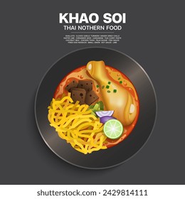 Khao Soi ilustración vectorial aislada. Sopa picante del norte popular tailandés con fideos fritos, muslo de pollo y otros ingredientes.