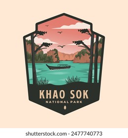 khao sok national park with boat emblem patch logo vector illustration design, thailand emblem national park design