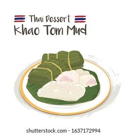 Khao Tom Mud - Steamed Sticky Rice with Banana on white plate isolated on white background.Thai dessert.Thai food vector.