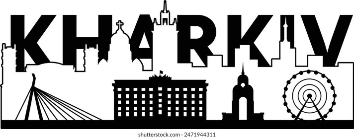 Kharkiv city skyline, outline, logo, vector poster, Ukrainian architecture , landmarks