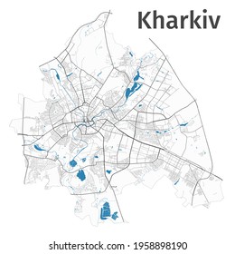 Kharkiv map. Detailed map of Kharkiv city administrative area. Cityscape panorama. Royalty free vector illustration. Outline map with highways, streets, rivers. Tourist decorative street map.