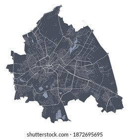 Kharkiv map. Detailed vector map of Kharkiv city administrative area. Cityscape poster metropolitan aria view. Dark land with white streets, roads and avenues. White background.
