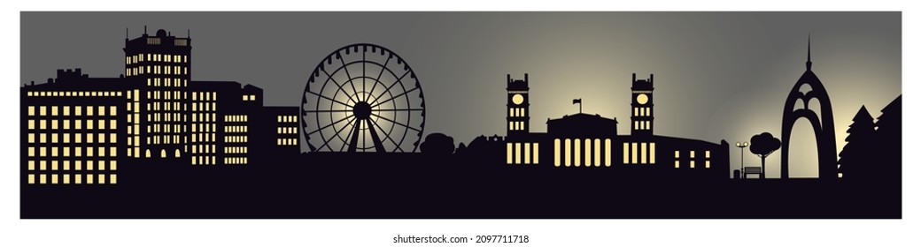 Kharkiv. Silhouette of the city of Kharkov. Vector. Graphics. Black color.  City center. South Station, square, embassy, monument, alley, amusement park, Ferris wheel