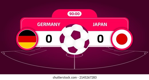 KHARKIV, UKRAINE - APRIL 09, 2022: FIFA World Cup 2022. Germany vs Japan. Qatar 2022 soccer match. Football championship duel versus teams. Vector illustration.