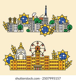 Kharkiv Ukraine Building Architecture. Vector Illustration of Outline and Solid Colorful Town. Ukraine Sunflowers and Wheat.