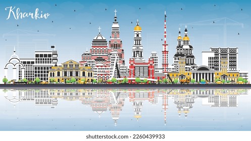 Kharkiv Ukraine City Skyline with Color Buildings, Blue Sky and Reflections. Vector Illustration. Kharkiv Cityscape with Landmarks. Business Travel and Tourism Concept with Historic Architecture.