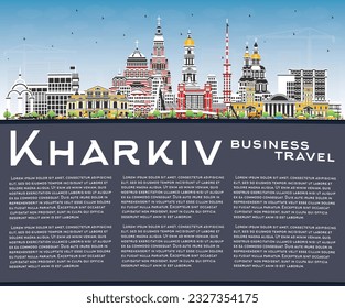 Kharkiv Ukraine City Skyline with Color Buildings, Blue Sky and Copy Space. Vector Illustration. Kharkiv Cityscape with Landmarks. Business Travel and Tourism Concept with Historic Architecture.