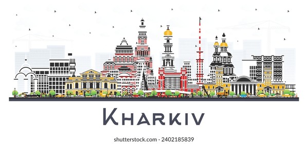 Línea aérea de la ciudad de Ucrania en Kharkiv con edificios de color aislados en blanco. Ilustración vectorial. Paisaje urbano de Kharkiv con monumentos. Concepto de viajes de negocios y turismo con arquitectura histórica.