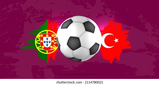KHARKIV, UKRAINE - DECEMBER 19, 2021: FIFA World Cup 2022. Path C Portugal vs Turkey. Qatar 2022 soccer match. Football championship duel versus teams. Vector illustration.