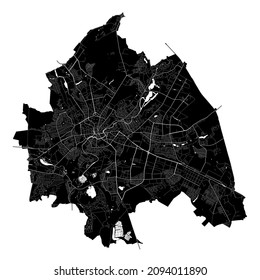 Kharkiv, Ukraine, high resolution vector map with city boundaries, and editable paths. The city map was drawn with white areas and lines for main roads, side roads and watercourses.