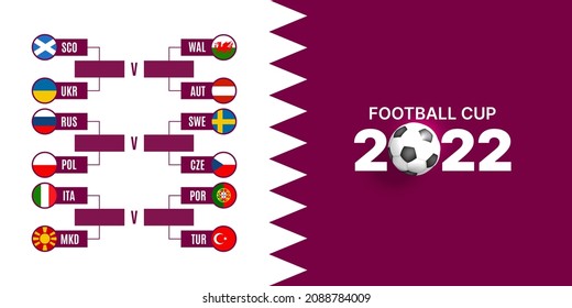 KHARKIV, UKRAINE - NOVEMBER 27, 2022: FIFA World Cup 2022. Football cup 2022. Match schedule template. Football results table, flags of European countries on Qatar flag background. Vector illustration
