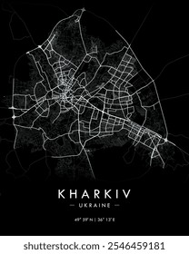 Kharkiv vector map in dark theme. Detailed map of Kharkiv in Ukraine. Best free vector illustration. Tourist decorative street map.