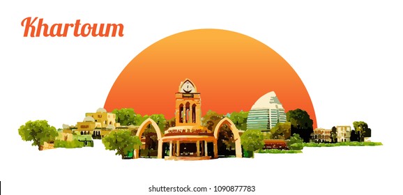 KHARTOUM city colored watercolor painting illustration