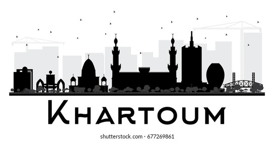 Khartoum City skyline black and white silhouette. Vector illustration. Simple flat concept for tourism presentation, banner, placard or web site. Business travel concept. Cityscape with landmarks