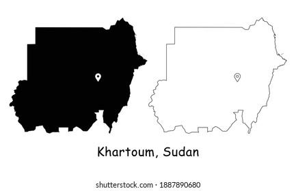 Khartoum, Sudan. Detailed Country Map with Location Pin on Capital City. Black silhouette and outline maps isolated on white background. EPS Vector