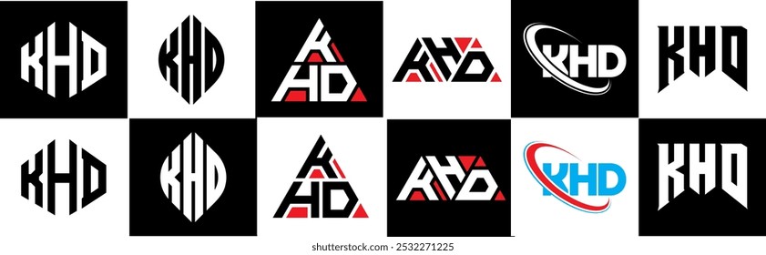 KHD letter logo design in six style. KHD polygon, circle, triangle, hexagon, flat and simple style with black and white color variation letter logo set in one artboard. KHD minimalist and classic logo