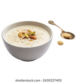Kheer Dessert Macro: Rice Grains, Dry Fruits, White Minimalist Styling