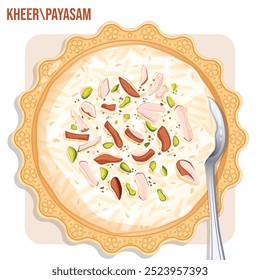 Kheer ou Payasam com amêndoas e Pistachio enfeite em Bowl com colher de prata. Vista superior tradicional asiática sobremesa vetor arte 