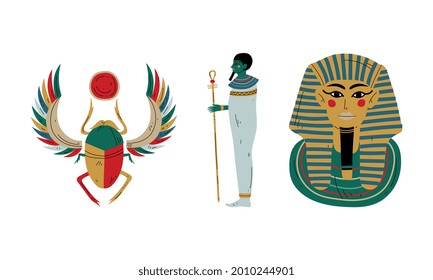 Kheper or Scarab Beetle and Pharaoh Tutankhamun Tomb as Ancient Egyptian Religion Symbol Vector Set