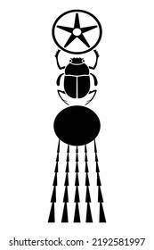 Khepri, a god in ancient Egypt Religion, the newborn sun, represented by a scarab, a dung beetle. In his front legs he holds a star disk, a sign for Duat, the Underworld. Beneath him, a sun with rays.