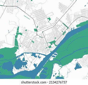 Mapa vectorial de Kherson. Mapa detallado del área administrativa de la ciudad de Kherson. Panorama del paisaje urbano. Ilustración vectorial libre de regalías. Hoja de ruta con autopistas, ríos.