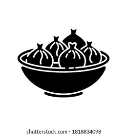 Khinkali black glyph icon. Georgian meal recipe. Chinese dumpling. Oriental dish. National culinary, traditional cuisine. Cookery recipe. Silhouette symbol on white space. Vector isolated illustration