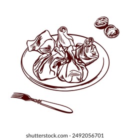 Khinkali. Dish of Georgian cuisine, fork, tomatoes. Hand drawn vector illustration in graphic style. Menu design, banners, recipes, posters, flyers.