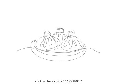 Khinkali o dumplings dibujan una línea. Boceto de la comida tradicional georgiana de la masa rellena, comida casera, concepto del menú del restaurante. Arte vectorial